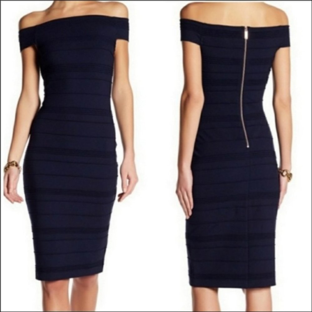 Ted Baker Navy Blue Inan Stripe Texture Bardot Dress Size US 10 $295